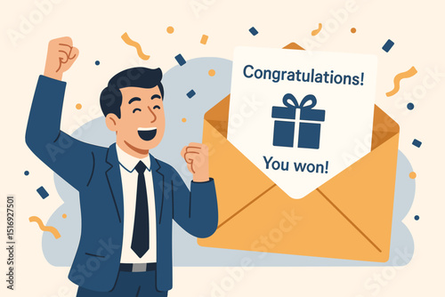 Ecstatic businessman celebrating lottery win. Joyful man with fists up, receives congratulations message in envelope for winning prize. Success, luck, achievement, jackpot, reward concept.