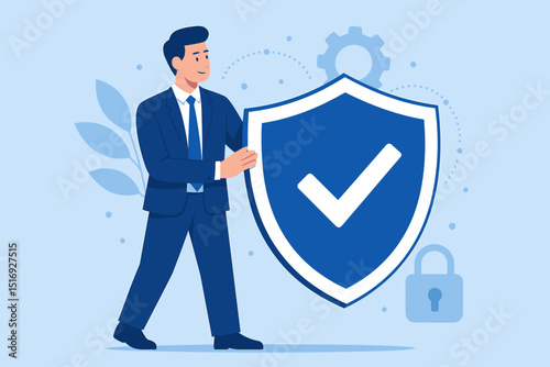 Security assurance concept with businessman holding protection shield with checkmark. Cybersecurity, data privacy, investment safety, business reliability, and secure transaction. Vector illustration.