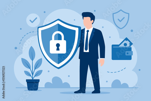 Data security. Cyber protection. Businessman with shield. Padlock icon. Financial safety. Privacy assurance. Online defense. Secure payment. Investment safeguard. Business risk. Internet security.