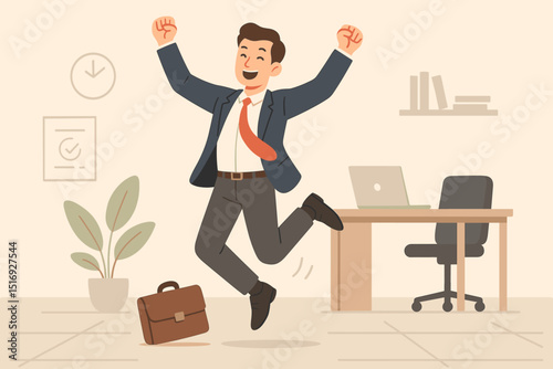 Businessman celebrating success in office. Happy cartoon character jumping. Excitement, achievement, triumph. Corporate worker overjoyed. Flat vector graphic. Motivation, victory.