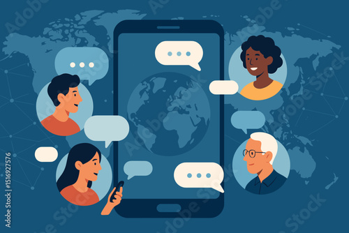 Global digital conversation on smartphone. Diverse people chatting online worldwide. Social media network connection concept. International communication technology vector illustration.