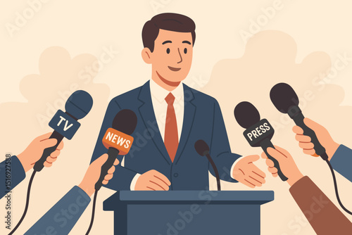 Press conference with spokesperson at podium making announcement. Media journalists hold microphones for news interview, live broadcast. Public relations, official statement event.