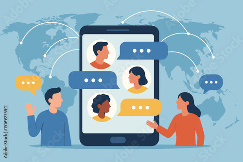 Global video call. People connect worldwide on smartphone. Online meeting. Digital communication. Virtual team collaboration. Remote work chat. World map. Flat vector illustration.