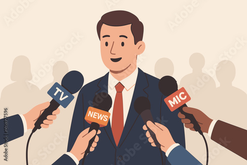 Press conference scene. Man giving an interview or statement to journalists. News media, public announcement. Spokesperson, politician, or businessman at briefing.