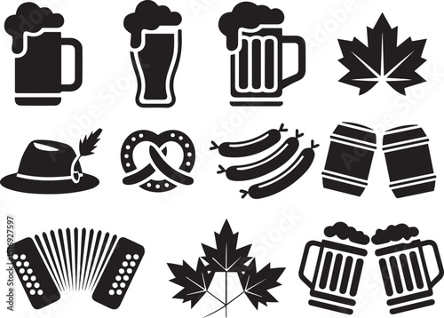 Collection of Black and White Oktoberfest Icons, beer mugs, pretzels, sausages, Bavarian hats, accordions, beer barrels, and maple leaves