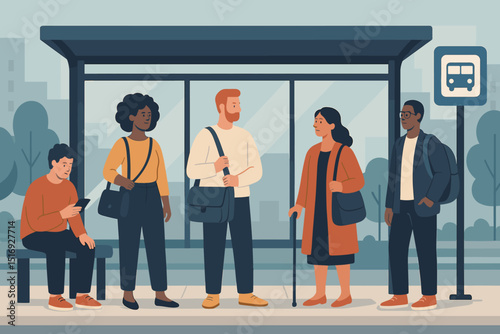 Diverse group of people waiting at urban bus stop. City commuters, public transportation concept. Daily routine, travel, urban lifestyle, passenger transport vector illustration.
