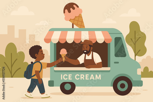 Ice cream truck scene. Boy buys sweet cone from vendor. Happy kid, schoolchild with backpack. Man serving dessert from retro mobile food van. Summer treat, street food. Flat vector illustration.