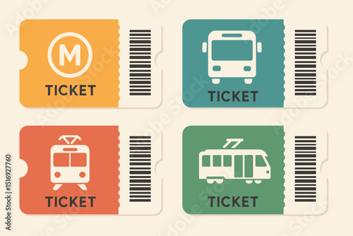Vector transit ticket collection: Metro, bus, and tram icons. Public transport pass set with barcodes for urban travel, commute, and passenger admission. Flat design.