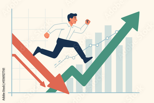 Businessman leaps over rising green arrow graph, overcoming financial crisis red arrow. Stock market success, investment growth, progress, achievement. Financial vector concept.