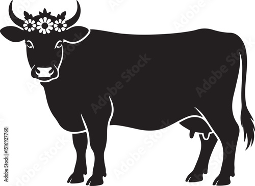Black and white silhouette of a cow wearing a floral crown.