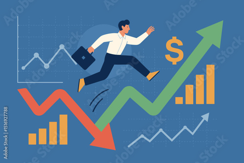 Businessman financial leap over crisis. Investor success, stock market growth. Trader with briefcase jumping on uptrend arrow. Profit concept, investment strategy, market recovery.