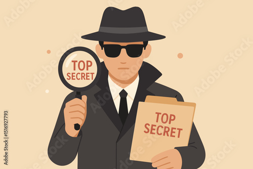 Secret agent spy investigating. Detective character in hat, sunglasses, trench coat holding top secret folder, magnifying glass. Espionage, mystery, confidential information concept.