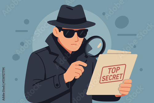 Undercover detective, secret agent investigating. Man in trench coat, hat, sunglasses with magnifying glass reads top secret document. Espionage, mystery, confidential files concept.