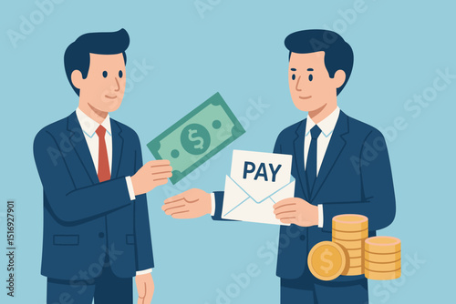 Businessman making cash payment to partner, receiving 'PAY' envelope. Financial transaction, money exchange, salary, investment, deal concept. Businessmen in suits vector.