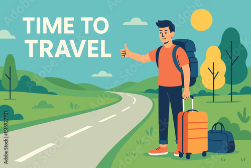 Time to travel concept. Young man hitchhiking with backpack and suitcase on roadside. Summer adventure journey. Tourist thumbing ride. Vacation trip, open road exploration. Sunny day landscape.