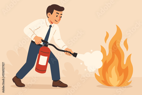 Office fire safety illustration. Businessman character using fire extinguisher to fight blaze. Emergency preparedness, workplace hazard, firefighting equipment vector clipart.