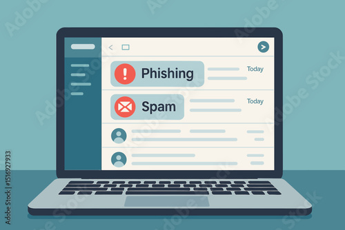 Phishing email alert and spam message on laptop screen. Cybersecurity concept, internet fraud warning, online security threat. Digital data protection from hacker, malware, virus.