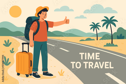 Hitchhiker summer adventure, young man on roadside with backpack and suitcase, thumbs up for journey. Travel concept, vacation, tourism, wanderlust, exploration, flat vector.
