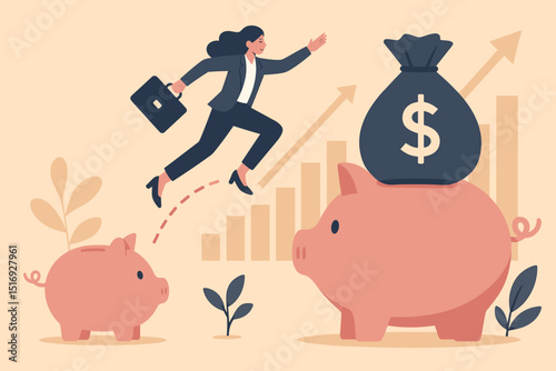Financial success concept. Businesswoman leaping towards big piggy bank with money bag. Investment growth, savings, career achievement. Finance profit, wealth accumulation.
