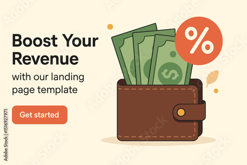 Boost revenue landing page template vector. Wallet with money, percentage icon. Financial growth strategy. Business finance marketing concept. Get started CTA. Increase online income.