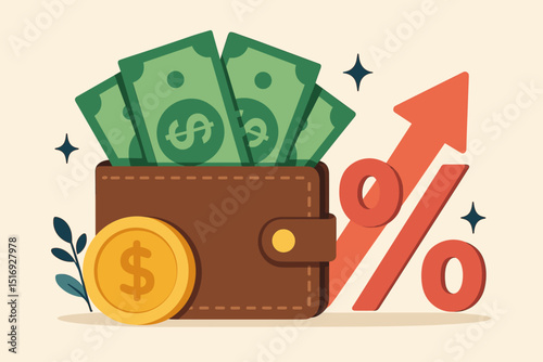 Rich wallet vector illustration with dollar banknotes and gold coin. Financial growth concept, investment return, income increase, savings boost, economic profit, and wealth building.