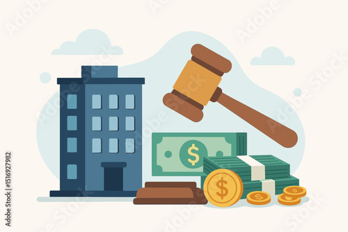 Real estate auction. Property investment. Building, gavel, money. House sale. Financial bid. Mortgage. Legal. Foreclosure. Home buying. Selling. Housing market. Vector illustration. Finance. Business.