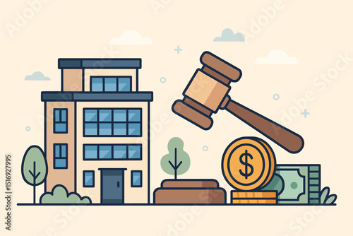 Real estate auction concept. Property investment and housing market. Gavel, money, and building illustration. Home sale, bidding, and finance. Legal judgment for property.