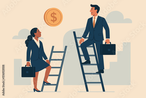 Gender inequality in corporate careers. Man on higher ladder, woman faces disparity. Illustrates pay gap, job discrimination, sexism, and unequal professional opportunities.