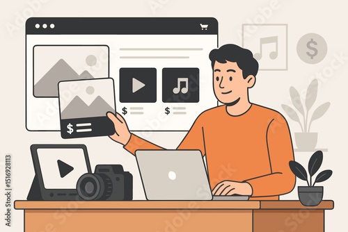 Content creator selling digital assets online. Designer, photographer, videographer uploading photos, videos, music to stock platform for passive income. E-commerce for creatives.
