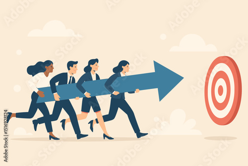 Chasing Success Together. Business team collaboration running with arrow towards target. Goal achievement, corporate strategy. Diverse group working united for shared vision.