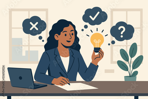 Businesswoman brainstorming innovative idea. Creative thinking, problem-solving concept. Woman at desk with laptop, lightbulb, checklist. Solution, inspiration, strategy. Office, education.