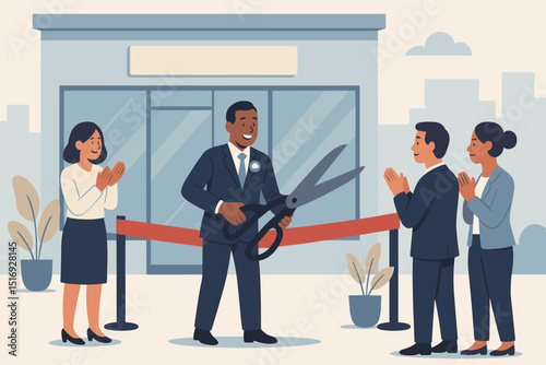 Grand opening ribbon cutting ceremony vector. Businessman with large scissors launching new business. People celebrating store inauguration. New venture success, opening event concept.