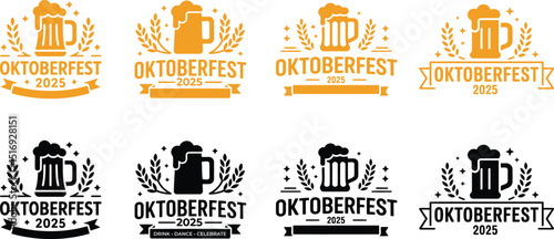 Collection of oktoberfest 2025 beer mug badge logo, festival icons for t shirts, posters, banners, party merchandise and design elements