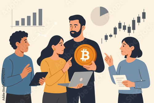 Crypto traders analyzing Bitcoin trends. Team investing in cryptocurrency market. Financial analysts discuss blockchain technology, stock data, graphs, and charts. Fintech concept.