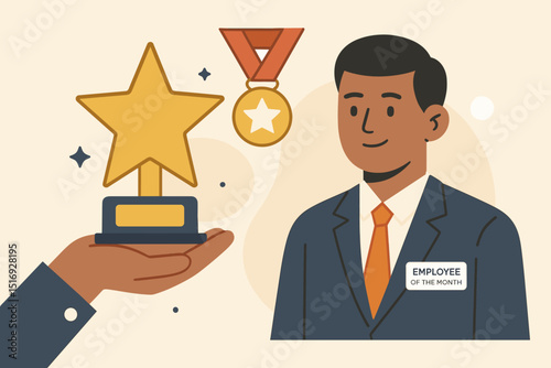 Employee of the Month recognition concept. Hand presenting gold star award to proud male worker. Business achievement, success, and appreciation. Best performer celebration.