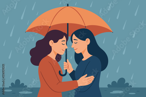 Romantic women couple strolls in rain under orange umbrella. Two females sharing intimate moment, love, togetherness, affection. Cartoon vector illustration for weather, season, relationship themes.
