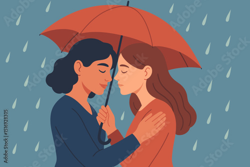 Two women under an umbrella in the rain, lesbian couple or close friends showing affection and support. Romantic, loving embrace illustration. Concepts: care, intimacy, togetherness, empathy.