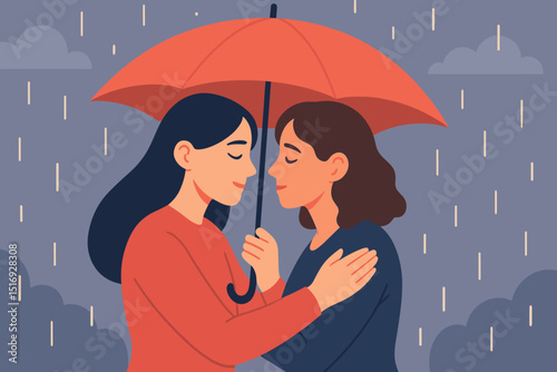 Romantic couple embracing under red umbrella in rain. Two women in love sharing intimate moment. Affectionate relationship, rainy weather. Vector illustration, love, togetherness, support concepts.