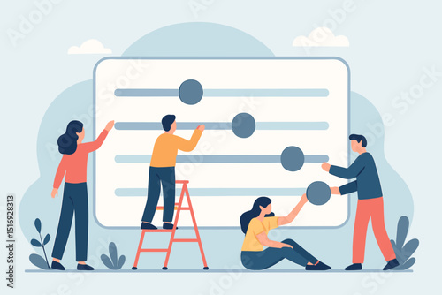 Interface adjustment teamwork. People customizing control panel. UI UX settings. Collaboration, optimization concept. System personalization. Web, app development. Vector illustration.