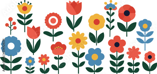 Colorful flowers vector with red blue yellow petals and green stems illustration 