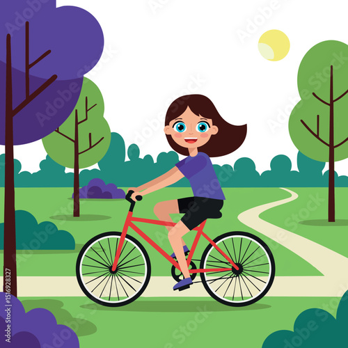 Girl riding bicycle in purple shirt cycling through green park sunny day vector illustration 