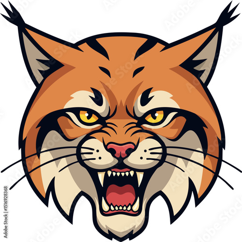 Fierce wild bobcat head snarling with sharp teeth and intense yellow eyes vector illustration 
