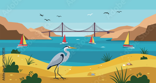 Coastal landscape with blue heron and sailboats near suspension bridge vector illustration 