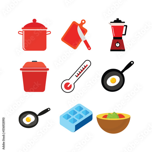 Essential Kitchen Utensils and Cooking Tools Icons Set Pots, Pans, Blender, and More