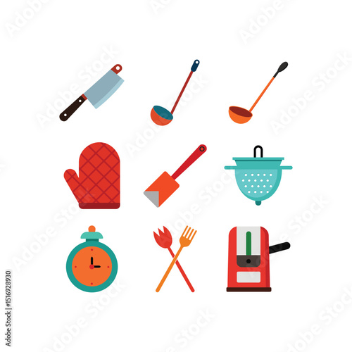 Essential Kitchen Utensils and Cooking Tools Flat Icon Set