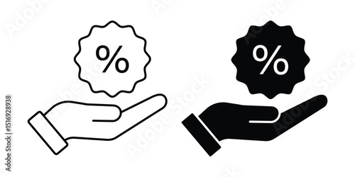 Set of Simple hand holding a percent icon collection. discount, Hand holding percentage symbol.