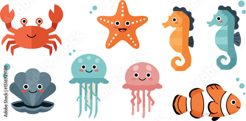 Colorful Cute Sea Animals Vector with Crab Starfish Jellyfish and Clownfish Illustration 
