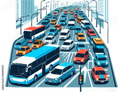 Heavy Traffic Jam on a Highway with Cars and Buses Illustration
