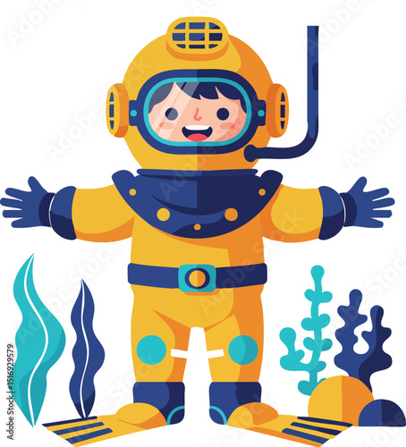 Child wearing yellow deep sea diving suit exploring underwater with coral and seaweed vector illustration 