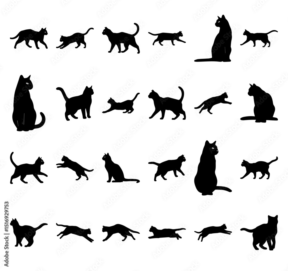 Obraz premium Vector Cat Silhouettes Collection in Various Poses for Pet Design Themes Isolated on White Background